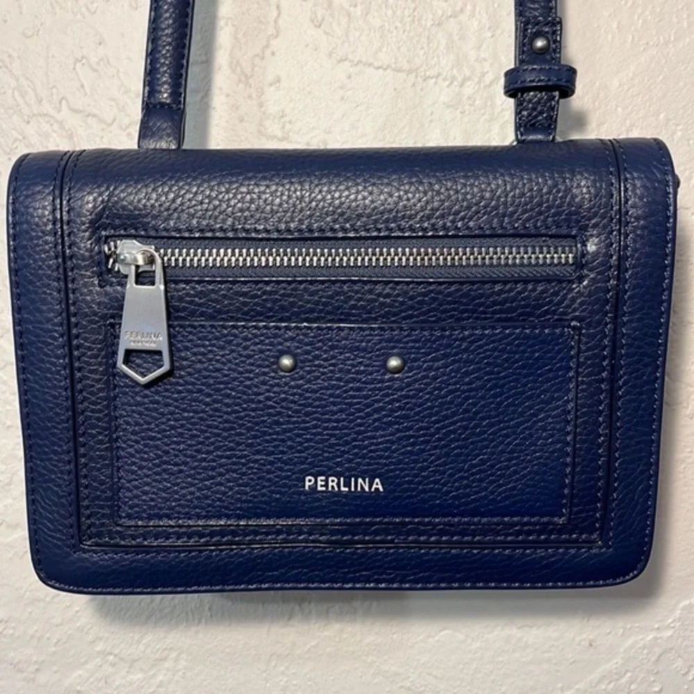 Perlina New York Navy Blue Pebbled Leather‎ Crossbody Silver Hardware Organizer